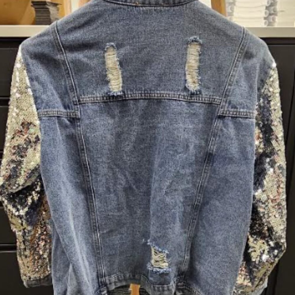 Macaron Distressed Sequin Denim Jacket - Size M - image 3